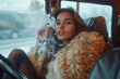 A stylish woman in a luxurious fur coat smoking a cigarette in a vintage car, creating a moody, retro ambiance