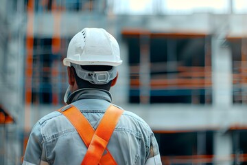 Wall Mural - Construction worker with a safety helmet worn incorrectly. Concept Construction, Safety helmet, Incorrect, Worker, Occupational safety