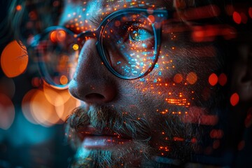 Poster - Artistic blurry background with red and blue bokeh lights, creating a festive or dreamy atmosphere