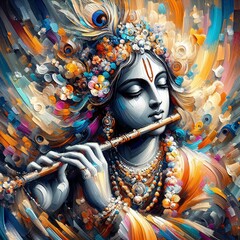 Wall Mural - beautiful colorful abstract oil paint brush stroke art of god krishna with flute