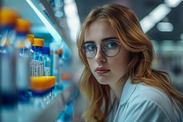 Poster - Young scientist in glasses closely examines vials in a modern laboratory setting