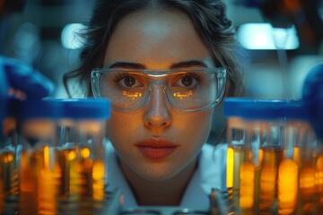 Poster - Close-up of a female researcher's face with protective goggles observing orange glowing test tubes