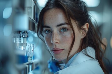 Poster - A clinical pharmacist surrounded by vials looking at the camera with detailed focus and clarity in a modern lab setting