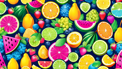 A colorful and vibrant pattern illustration of various fruits, including watermelon, oranges, strawberries, and blueberries