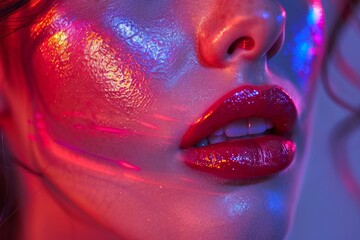Poster - A close-up of woman's lips under dramatic red lighting, showcasing vivid textures and colors