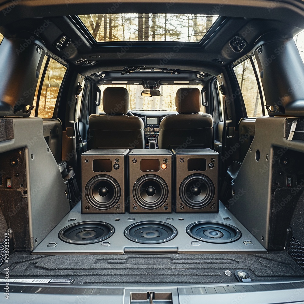 Detailed setup of a car audio system with emphasis on subwoofers and ...