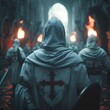 In a temple veiled in ancient darkness, lit only by the eerie glow of torchlight, a group of Templar knights, each adorned with the distinctive red cross patée insignia on their back.