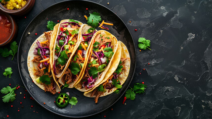 Wall Mural - Vibrant Mexican tacos with fresh ingredients on a dark concrete background in a top view style