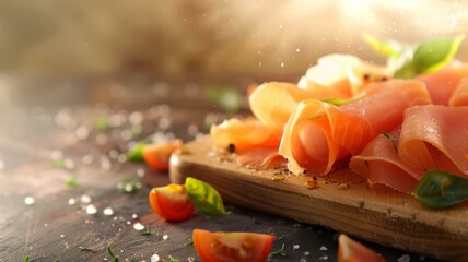 Sliced smoked salmon adorned with basil and tomatoes, sprinkled with sea salt, on a rustic wooden board.