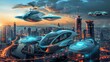 Futuristic cityscape with sleek buildings and flying vehicles in a vibrant urban skyline