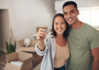 Poster - Portrait, couple and happy in new home with keys for moving in, satisfied and confident with ownership. Property, relationship and smile with unpacking furniture, excited and positive with property