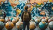 © weerasak - Young man looking at a mural of the world map made of globes
