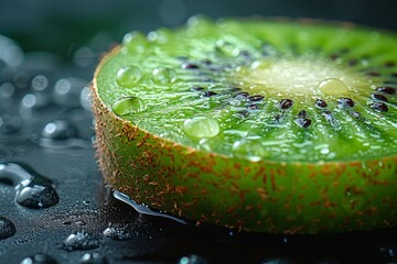 A close-up of a kiwi wedge with water droplets, showcasing its refreshing green color and juicy texture