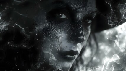 Wall Mural - D Art: Scary Witch in Black and White. Concept Black and White Photography, Scary Witch, 3D Art