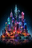 Fototapeta Londyn - b'A beautiful illustration of a city skyline with colorful skyscrapers and a starry night sky'