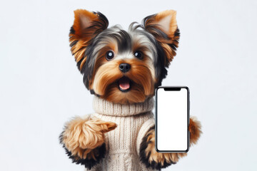 yorkshire terrier dog hold smartphone white screen on a white background