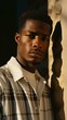 b'A portrait of a young African-American man in a plaid shirt'