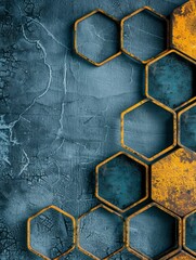 Wall Mural - Blue and yellow hexagonal pattern on a grungy textured backdrop.