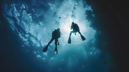 Wall Mural - Scuba divers in silhouette swimming under water in the ocean near the surface backlit by a sun