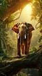 b'Elephant standing on a tree trunk in the jungle'
