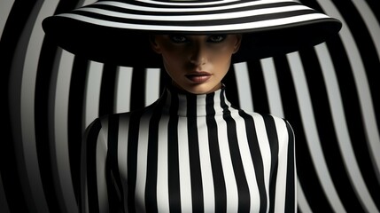 Poster - b'Black and white striped pattern portrait of a woman wearing a large hat'