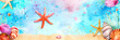 Beach with starfish, shell and sand against vibrant watercolor background banner. Panoramic web header. Wide screen wallpaper