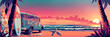 Vintage van and surfboard on tropical beach with palm trees during colorful sunset banner. Panoramic web header. Wide screen wallpaper