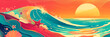 Ocean waves, starfish on shore, large sun setting, vibrant illustration background banner. Panoramic web header. Wide screen wallpaper