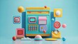 A 3D rendered illustration depicting a vibrant digital workspace, complete with whimsical icons and playful design elements against a pastel backdrop