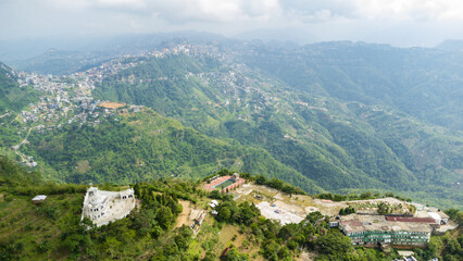 Aerial view of kv paradise in aizawl the capital city of mizoram, this architectural establishment gives an amazing view of hills and the green mizoram in north-east India