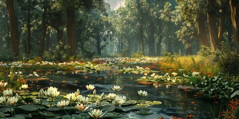 Wall Mural - Mystical Forest Pond with Glowing Water Lilies and Sunlight