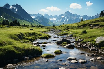 Sticker - b'A river flowing through a lush green valley with snow-capped mountains in the distance'