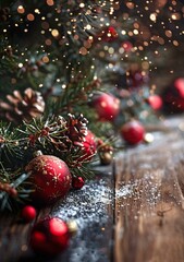 Wall Mural - b'christmas background with fir branches and red balls'