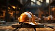 b'An Orange Hard Hat Sits on a Wooden Surface'