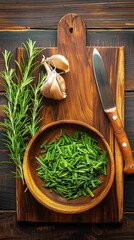 Wall Mural - A wooden cutting board with a knife and a bowl of chopped herbs on it