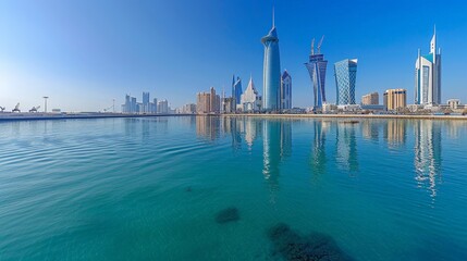 Wall Mural - Manama's modern skyline with Bahrain World Trade Center, clear sunny day, high-definition, no glare, --ar 16:9 --stylize 250 Job ID: a8e9bb6e-87e9-40ce-b20f-5c2074562cd9
