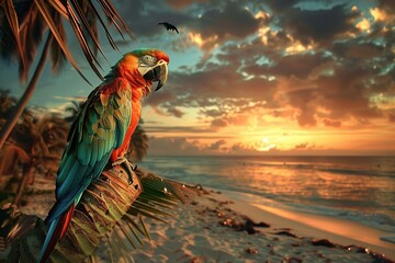 Canvas Print - A captivating image of a parrot perched on a palm tree, overlooking a beach at sunset