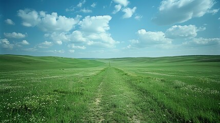 Canvas Print - b'The vast grassland scenery under the blue sky and white clouds'