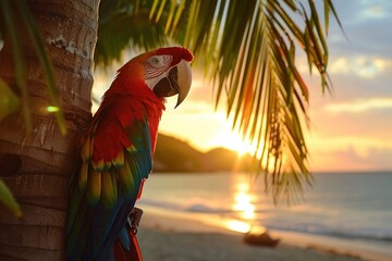 Poster - A captivating image of a parrot perched on a palm tree, overlooking a beach at sunset