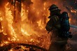 Firefighters use technology to extinguish fires in burning buildings effectively. Concept Firefighting Technology, Fire Suppression, Building Safety, Efficiency, Emergency Response