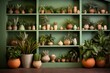 b'An abundance of potted plants on shelves against a green wall'
