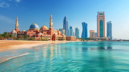 Wall Mural - Abu Dhabi's skyline with modern skyscrapers and Emirates Palace, clear day, high-definition, no glare, --ar 16:9 --stylize 250 Job ID: 7a438f42-bb0d-4aba-bed8-6b61f359c9d1