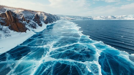 Wall Mural - Aerial view of Lake Baikal, deep blue ice patterns in winter