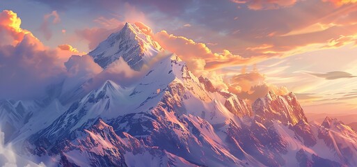 Poster - A breathtaking hyperrealistic illustration of a mountain landscape at sunrise, with each snow-capped peak and ray of sunlight rendered in meticulous detail