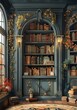 b'A beautiful library with a large wooden bookshelf filled with books, plants, and flowers'