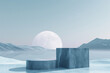 Surreal blue landscape with geometric concrete structures and moon