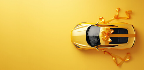 Yellow sports car with festive ribbon top view