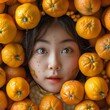 Little girl surrounded by a lot of oranges