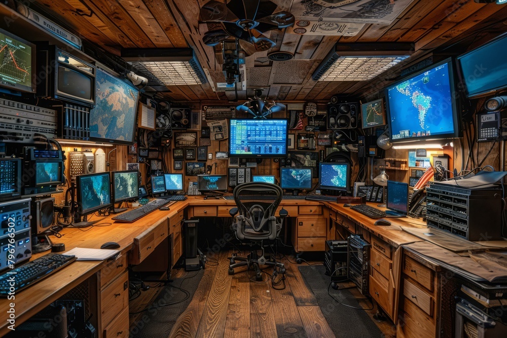 b'An impressive computer setup in a wooden cabin' Stock Illustration ...