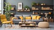 b'A stylish living room with a gray couch and yellow accents'